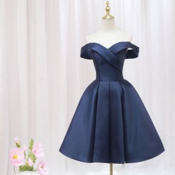 Navy Pleated Satin Homecoming Dress With Off Shoulder