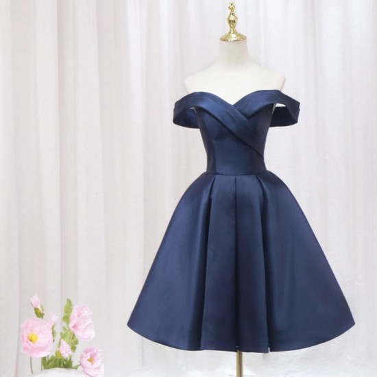 Navy Pleated Satin Homecoming Dress With Off Shoulder
