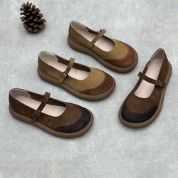 Women's Handmade Leather Patchwork Flat Mary Jane Shoes
