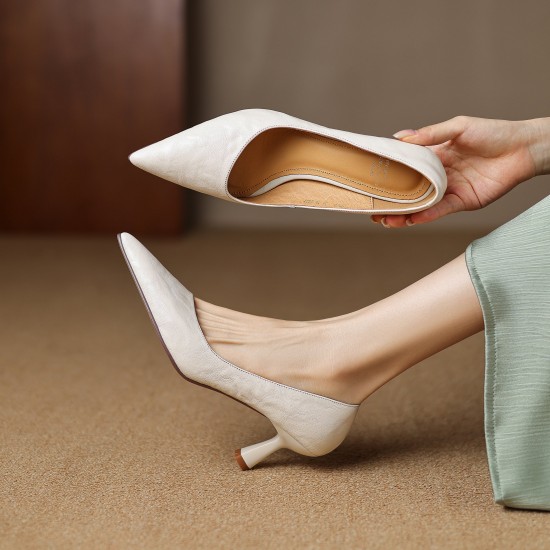 Womens Handmade Sheepskin Pointed Toe Kitten Heel Pumps
