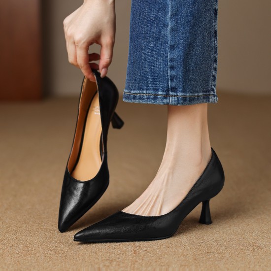Womens Handmade Sheepskin Pointed Toe Kitten Heel Pumps