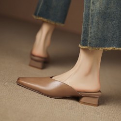 Women's Handmade Leather V-cut Flat Comfort Mule Shoes