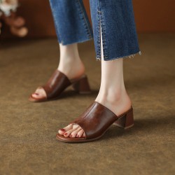 Women's Cowhide Chunky Heel Open Toe Heels Sandals Slippers