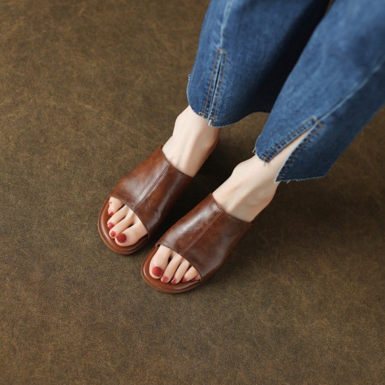 Women's Cowhide Chunky Heel Open Toe Heels Sandals Slippers