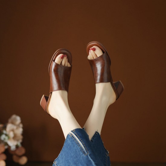 Women's Cowhide Chunky Heel Open Toe Heels Sandals Slippers