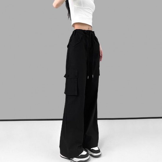 Women Spring Summer Drawstring High Waist Wide Leg Loose Multi-pockets Pant