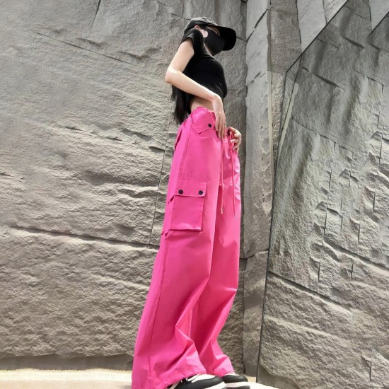 Women Spring Summer Drawstring High Waist Wide Leg Loose Multi-pockets Pant
