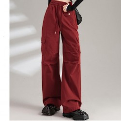 Womens Cotton Drawstring Waist Wide Leg Cargo Pants