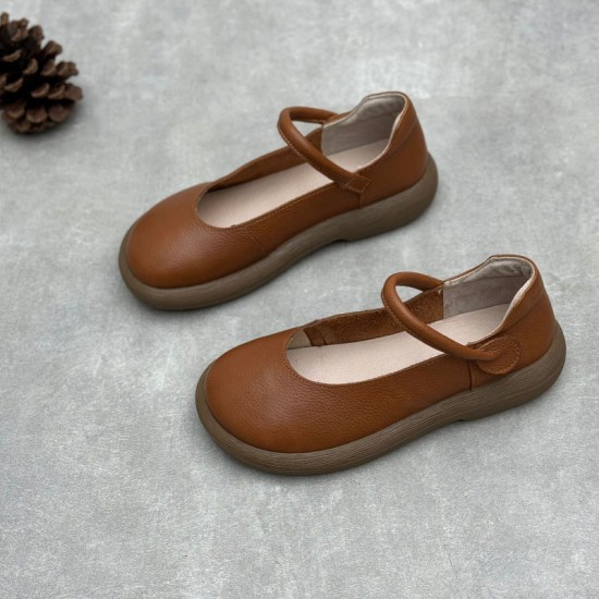 Women's Leather Handmade Soft Sole Round Toe Mary Jane Shoes