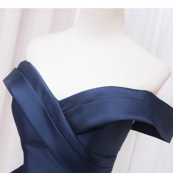 Navy Pleated Satin Homecoming Dress With Off Shoulder