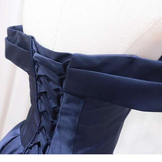 Navy Pleated Satin Homecoming Dress With Off Shoulder