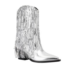 Womens Metallic Sequin Fringed Zipper Pointy Chunky Heeled Western Cowgirl Ankle Boots