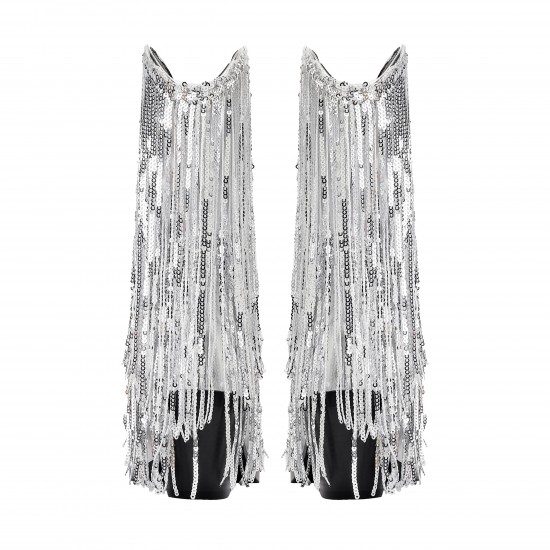 Womens Metallic Sequin Fringed Zipper Pointy Chunky Heeled Western Cowgirl Ankle Boots