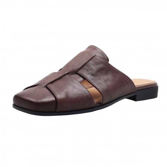 Women's Handmade Leather Closed Toe Casual Hollow Out Flat Mules Sandals