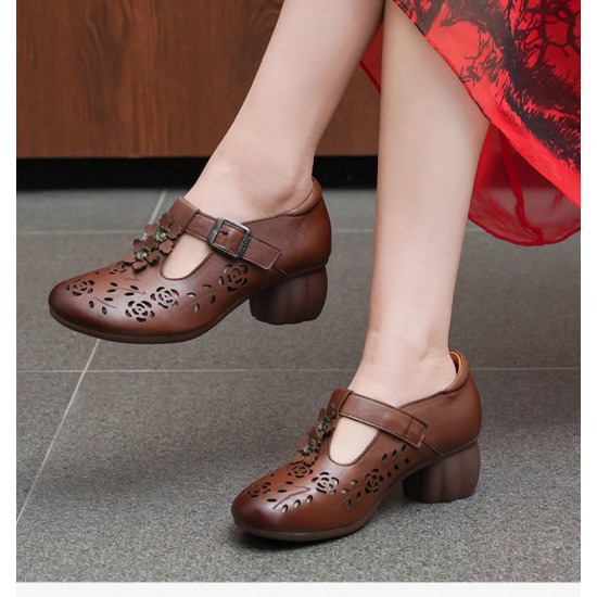 Genuine Leather Carved Hollow Square Heel Retro Women's Shoes