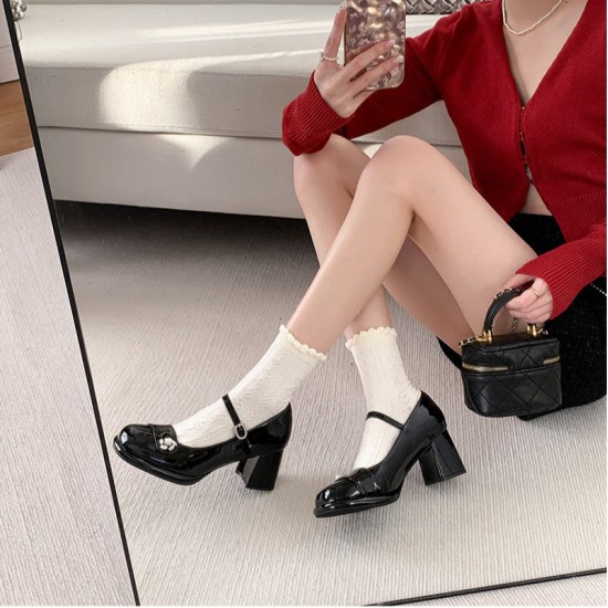 Patent Leather Pearl Rhinestone Embellished High Heeled Mary Jane Women's Shoes