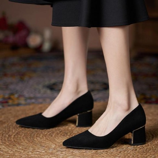 Women Suede Pump Block Heel Pointed Toe Mid Heels
