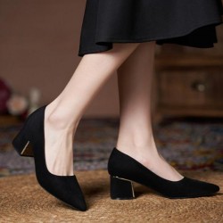 Women Suede Pump Block Heel Pointed Toe Mid Heels