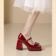 Patent leather Rhinestone Bow Decoration Square Toe Chunky Heel Women's Shoes