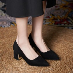Women Suede Pump Block Heel Pointed Toe Mid Heels