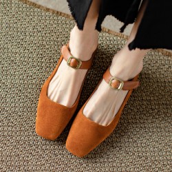 Caramel French Chunky Heel Mary Jane Handmade Leather Women's Shoes