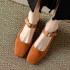 Caramel French Chunky Heel Mary Jane Handmade Leather Women's Shoes