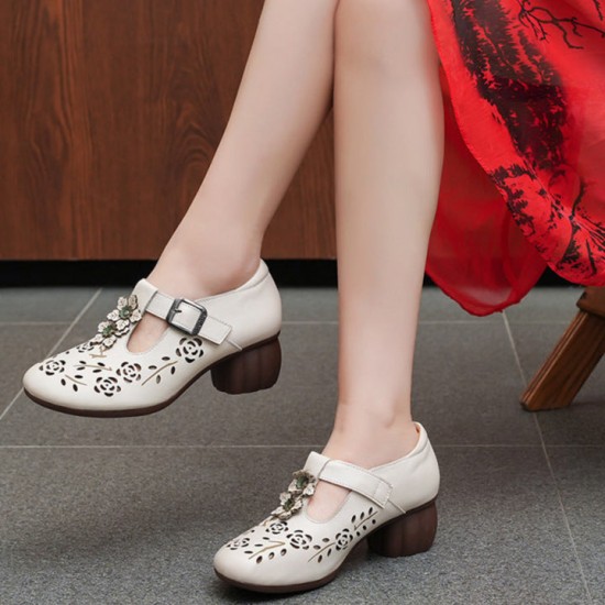 Genuine Leather Carved Hollow Square Heel Retro Women's Shoes