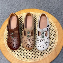 Genuine Leather Carved Hollow Square Heel Retro Women's Shoes