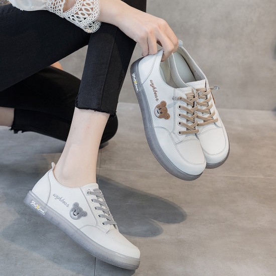 Womens Cute Bear Lace-up Leather Sneakers