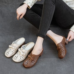Women's Leather Bowknot Hollow Out Mid Heel Block Mule Shoes