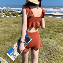 Swimwear Ruffles Solid Backless Korean Style Students High Waist Swimsuit