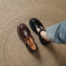 T-Buckle Platform Leather Comfortable Low Heel Women's Shoes