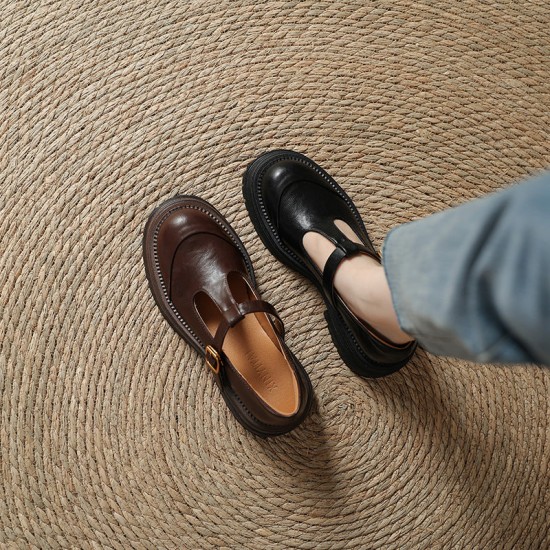 T-Buckle Platform Leather Comfortable Low Heel Women's Shoes