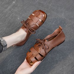 Cow Leather Retro Woven Sandals Lace-Up Soft Sole Women's Shoes