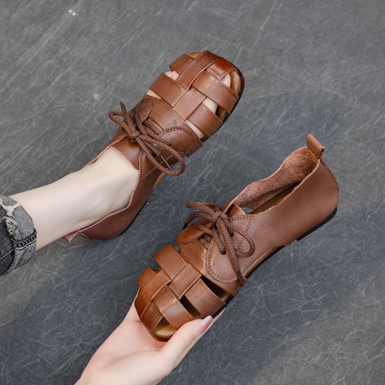 Cow Leather Retro Woven Sandals Lace-Up Soft Sole Women's Shoes