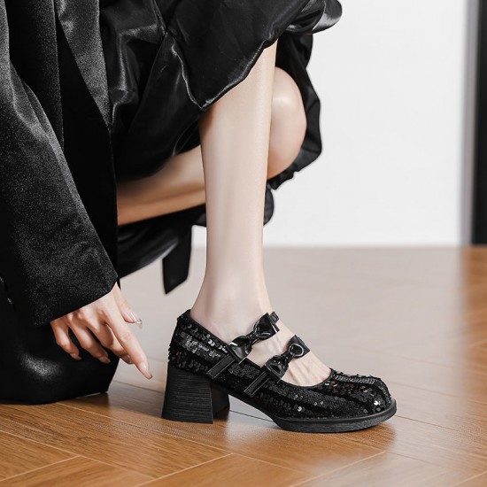 Cute Sequins Square Heel Bow Embellished Mary Jane Women's Shoes