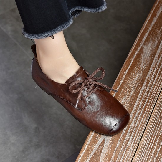 Genuine Leather Square Toe Retro Lace Up Flats Women's Shoes