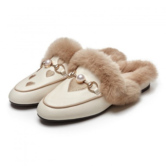 Women Embroidered Fur Pearl Buckle Slippers Mules Flat