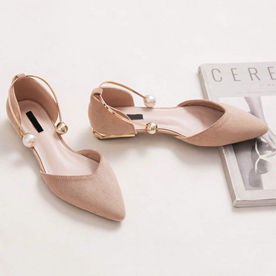 Womens Pearl Buckle Pointed Toe Flat Shoes