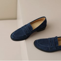 Handmade Classic Navy Suede Leather Loafers Women's Shoes