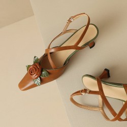 Women's Handmade Leather Elegant Stereoscopic Flower Cross Strap Mid Heel Sandals