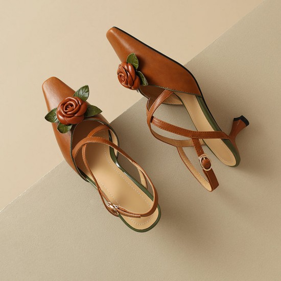 Women's Handmade Leather Elegant Stereoscopic Flower Cross Strap Mid Heel Sandals