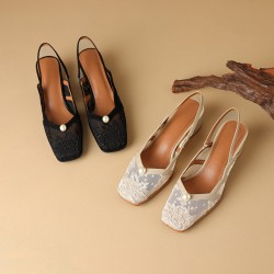Women's Handmade Elegant Lace Slingback Block Heel Sandals