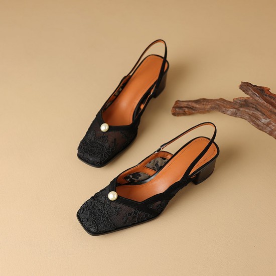 Women's Handmade Elegant Lace Slingback Block Heel Sandals