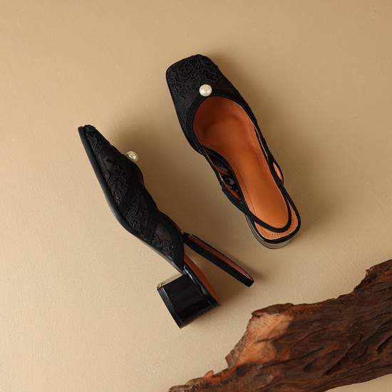 Women's Handmade Elegant Lace Slingback Block Heel Sandals