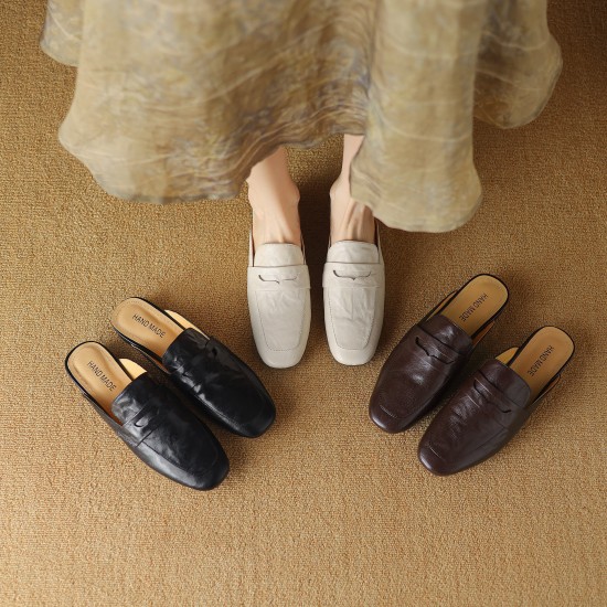 Womens Handmade Vintage Preppy Style Comfort Flat Mule Shoes