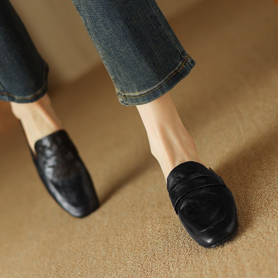 Womens Handmade Vintage Preppy Style Comfort Flat Mule Shoes