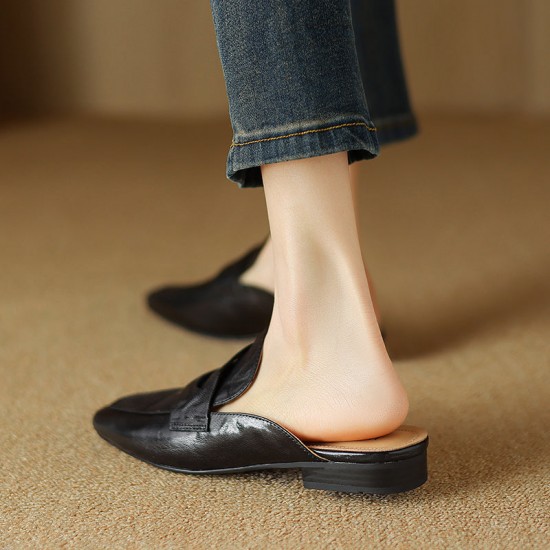 Womens Handmade Vintage Preppy Style Comfort Flat Mule Shoes