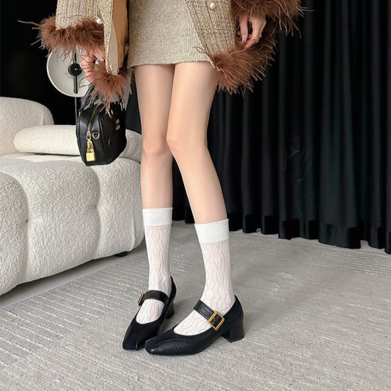 Womens Square Toe Patchwork Chic Mid Heel Wide Strap Buckle Mary Jane Shoes