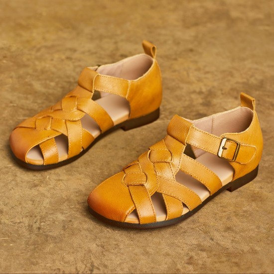 Women Handmade Leather Closed Toe Flat Comfort Buckle Fisherman Shoes Sandals